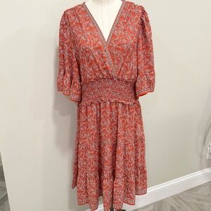 MAX STUDIO Floral Surplice Neck Ruffled Red Ivory Dress Size XL